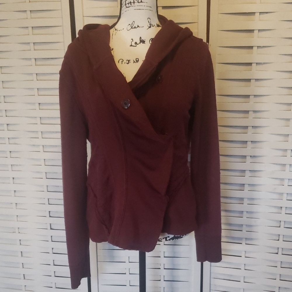 Free People Burgundy Asymmetrical Button Jacket Hoodie Sizr L